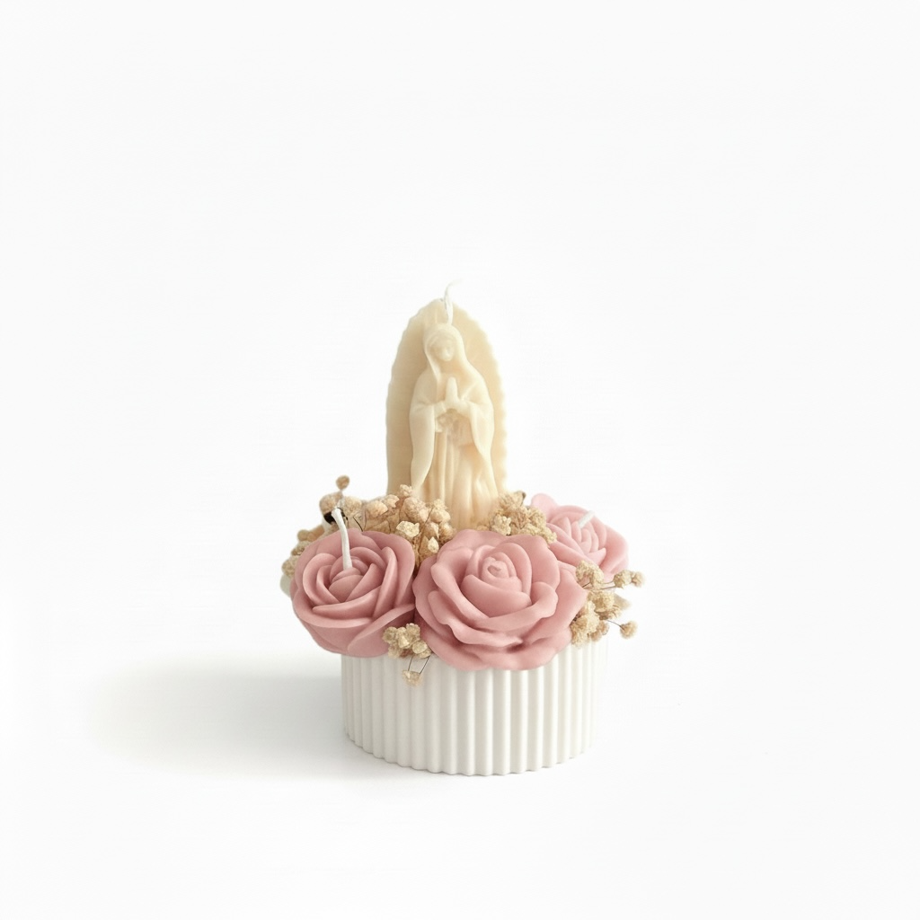 Virgencita en base de yeso cerámico + flores